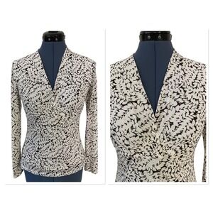 Vtg Ann Taylor Black White Leaf Print Mesh Ruched Top Y2K 90s Babydoll Sheer MP